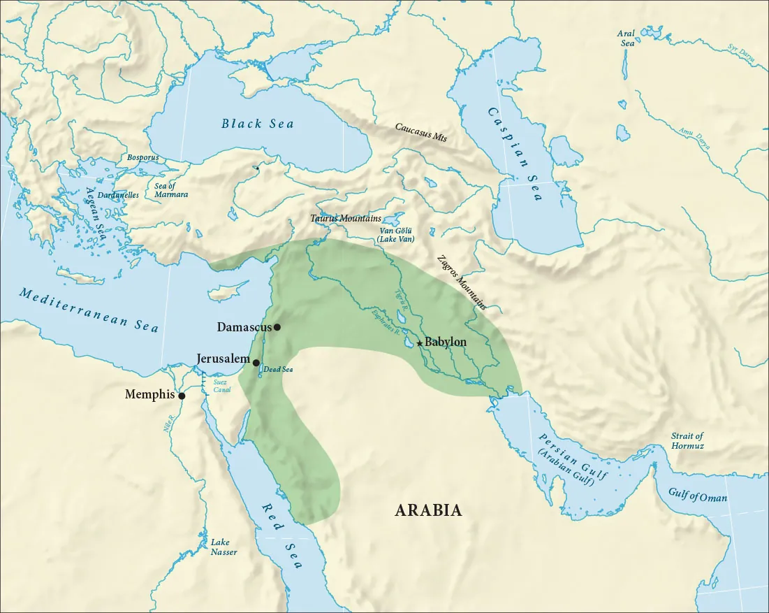 A map of the Middle East is shown with southwest Europe in the top left corner and northeast Africa at the bottom left. The Black Sea and the Caspian Sea are shown in the north, the Aegean Sea and the Mediterranean Sea are shown in the west, and the Red Sea, the Persian Gulf (Arabian Sea), the Strait of Hormuz, and the Gulf of Oman are shown in the south. An upside down “U” shape is highlighted green from the west coast of Arabia up through Israel, Lebanon, Syria and into the southeast corner of Turkey and then back down through Iraq ending at the Persian Gulf. The cities of Jerusalem, Damascus, and Babylon are labeled within the green area. Memphis is labeled in Egypt. The Caucasus Mountains are labeled to the west of the Caspian Sea and the Taurus and the Zagros Mountains are labeled in Turkey and Iran, respectively.