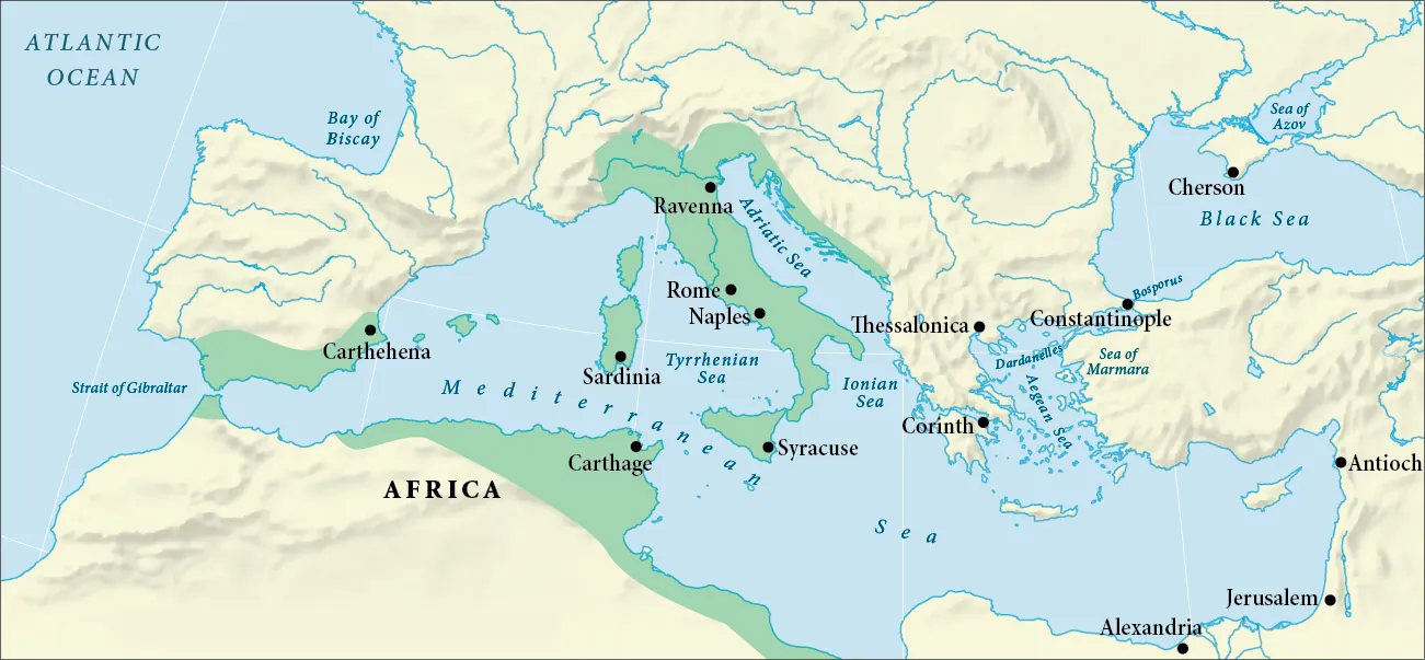 A drawing of a map of the countries surrounding the Mediterranean Sea is shown. To the west the Atlantic Ocean is shown as well as the Strait of Gibraltar between Spain and Africa. The Tyrrhenian Sea is labeled by Italy, the Aegean Sea is labeled by Greece, and the Black Sea and Sea of Azov are labeled by Turkey and the Ukraine. A southern slice of Spain as well as a thin slice of northern Africa along the coast are highlighted green. Also highlighted green are Italy, Sardinia, Corsica, the western portion of Slovenia, the coastal land along Croatia, and the coastal area of Montenegro. Cities labeled on the map from west to east are: Carthehena in Spain, Ravenna, Rome, Naples, Sardinia, and Syracuse in Italy, Carthage in Africa, Thessalonica and Corinth in Greece, Constantinople in Turkey, Alexandria in Egypt, Cherson in the Ukraine, Antioch in Syria, and Jerusalem in Israel.