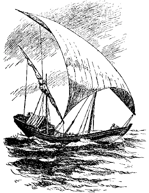 A black and white drawn image of a boat is shown on rough, dark waters. The boat is curved and flat with a small triangular tent at the left and a person seen at the front. A large, white, triangular rigged sail is on the right and a rolled up sail is seen at the back.