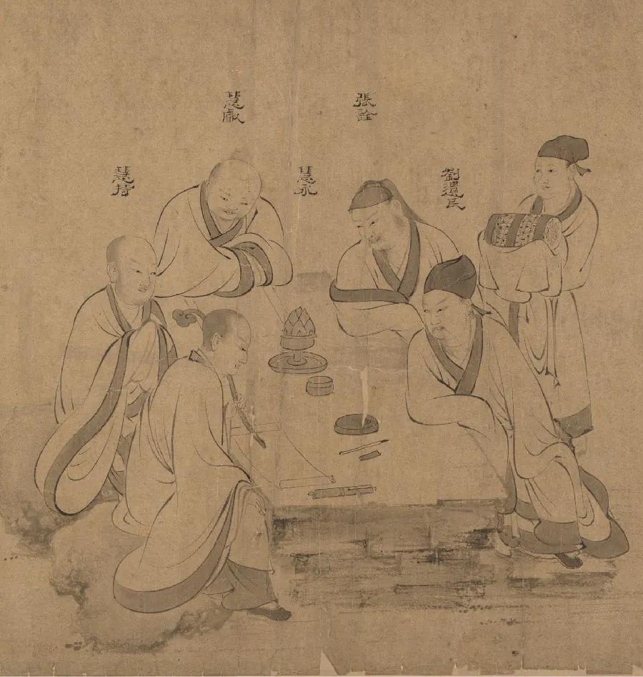 An image of a drawing is shown on a dark brown paper with ripped edges along the bottom. The black drawing shows five figures sitting around a rectangular table with a sixth figure standing in the right side of the image. The figures at the table wear long light colored robes with darker trim around the edges and dark slippers. Three on the left have hair in buns and two have facial hair, while the other two on the right side of the table wear dark hats and have long moustaches. The man standing has no facial hair and a dark hat. On the table there are three round objects and writing implements as well as scrolls of paper. The man standing holds a roll that is dark and decorated. Five Asian letterings are seen on the background.