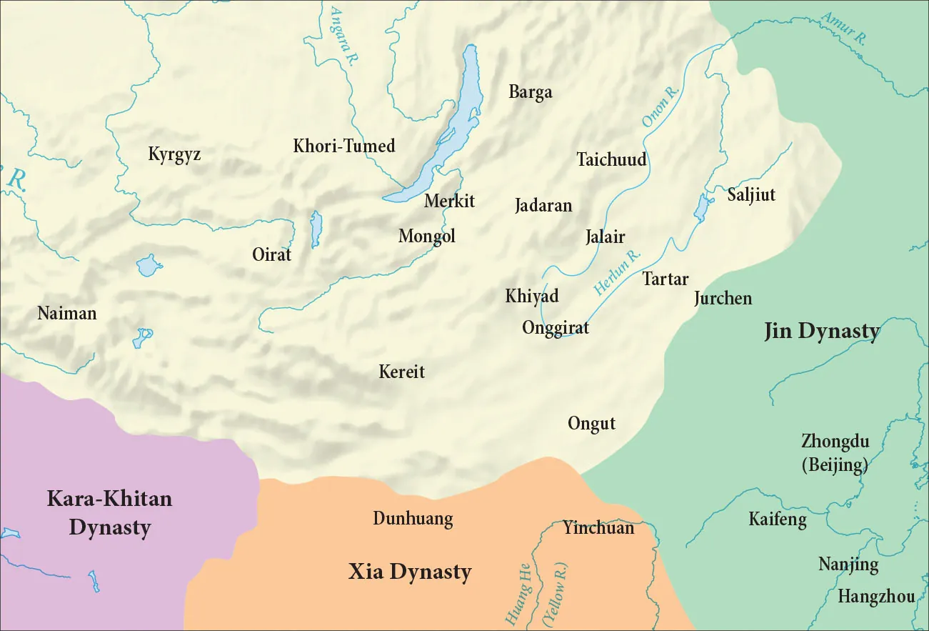 A map is shown with land highlighted in beige and water in blue. The Angara R., the Onon R., and the Amur r. are labelled in the north and the Herlun R. is labelled in the middle of the map. The Huang He (Yellow R.) is labelled in the south. In the southwest of the map an area is highlighted dark pink and labelled “Kara-Khitan Dynasty.” In the middle south of the map an area is highlighted orange and labelled “Xia Dynasty.” In the north of this area is a label for “Dunhuang” and in the northeast a label for “Yinchuan” is shown. A large area in the east is highlighted green and labelled “Jun Dynasty” with a label for “Jurchen” in the west, and these in the south: Zhongdu (Beijing), Kaifeng, Nanjing, and Hangzhou. In the beige highlighted land, these areas are labelled, from west to east: Naiman, Kyrgyz, Oirat, Khori-Tumed, Kereit, Mongol, Merkit, Barga, Jadaran, Khiyad, Onggirat, Taichuud, Jalair, Ongut, Tartar and Saljiut.