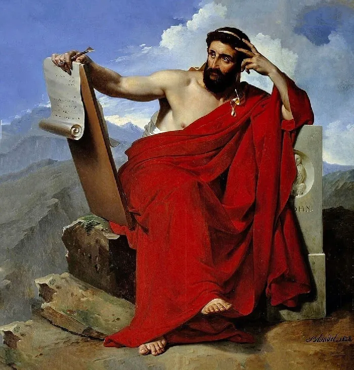 An image of a brightly colored painting is seen. In the image, a barefoot fair-skinned man is dressed in a bright red robe with his right shoulder exposed. He has dark hair and a full beard and is bright eyed. A thin gold headband runs across his head. He sits on a large stone seat that is chipped at the bottom and has the carving of a feathered bird in a circle at the right. The letters “OHN” are seen on the seat, partially obscured by his cloak. His head rests in his left hand, arm bent at the elbow and his right arm is stretched out holding a large brown rectangular plank with a white scroll hanging on both sides. He holds a gold writing implement in his right hand as well. The background shows large pale gray and blue mountains and a cloudy blue sky.