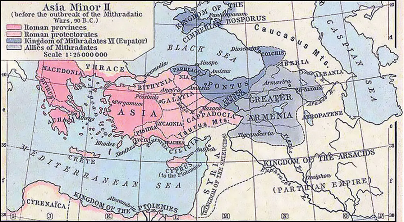 An image of an old map is shown. It is labelled “Asia Minor II (before the outbreak of the Mithradatic Wars, 90 B.C.). The Scale is labelled “1: 25 000 000.” The Caspian Sea is labelled in the northeast corner of the map, the Black Sea is labelled in the north. The Mediterranean Sea is labelled in the southwest. All are highlighted blue. North of the Mediterranean Sea an area of land is highlighted pink. These areas include: Macedonia, the southern end of Thrace, Achai, Asia, and the southern areas of Pisidia and Traches indicating “Roman provinces.” Areas highlighted light pink include: Crete, Bithynia, Galatia, Lycia, the northern parts of Pisidia and traches, Lycaonia, Nia, Cappadocia, Cyprus, Crete, and the northern borders of Cyrenaica indicating “Roman protectorates.” Areas to the north and south of the Black sea highlighted dark blue indicating “Kingdom of Mithradates VI (Eupator)” include: Kingdom of the Cimmeria Bosporus, Paphlago, Pontus, Colchis, and Lesser Armenia. Land highlighted light blue to the southeast of the Black Sea, indicating “Allies of Mithradates” include Greater Armenia. Other areas not highlighted include: Caucasus Mts. West of the Caspian Sea, Aeropatene east of Greater Armenia, Kingdom of the Arsacids (Parthian Empire) southwest of the Caspian Sea, Syria (Kingdom of the Seleucids) on the east coast of the Mediterranean Sea, and a portion of the Kingdom of the Ptolemies at the southern coast of the Mediterranean Sea.
