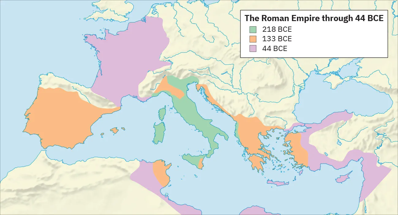 A map is shown labelled “The Roman Empire through 44 BCE.” Water is highlighted blue and land is highlighted beige. Water is shown at the northwest and running along the middle bottom of the map. An oval area of water is shown in the east. A boot-shaped peninsula in the middle of the map is highlighted green as well as the three islands to its west indicating “218 BCE.” A squarish area of land at the west of the map, three small areas in the middle of the map and two larger areas at the northern end of the water in the middle of the map are highlighted orange indicating “133 BCE.” A large area of land in the west is highlighted purple indicating “44 BCE.” Small areas along the south of the map as well as an “S” shaped area in the southeast of the map are also highlighted purple.