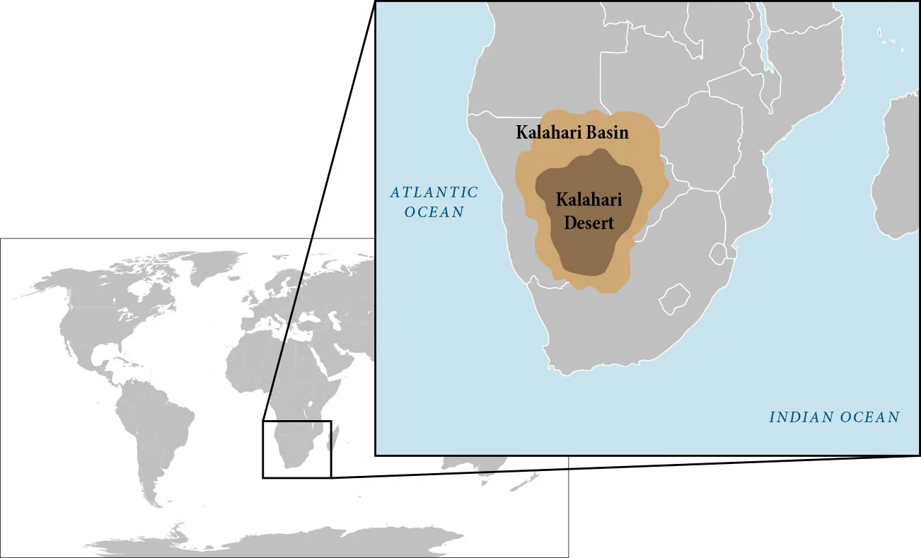 Two maps are shown – the map in the background shows the world with gray continents and white water. A black square encases southern Africa and western Madagascar. The second map enlarges the area of Africa from the black square. The Kalahari Desert is shown as a brown oval in the southwest inland part of Africa and the Kalahari Basin is shown by a beige brown area circling the Desert. The Atlantic Ocean and the Indian Ocean are labeled to the west and southeast respectively.