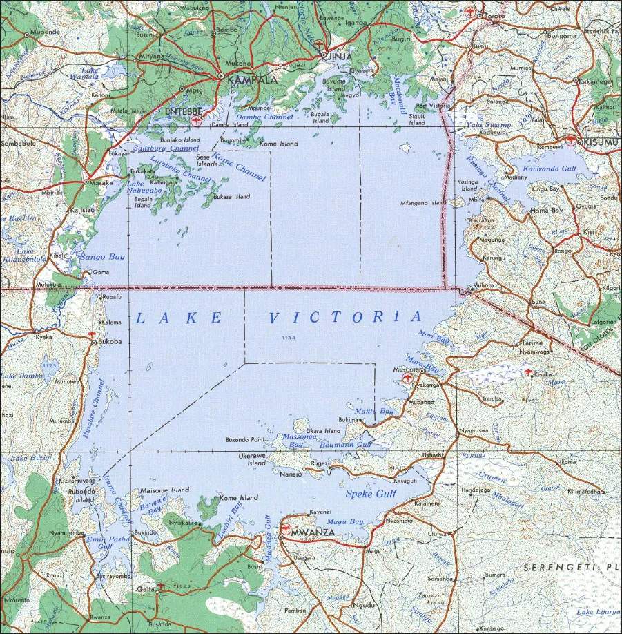 A map of a blue area labeled “Lake Victoria” is shown surrounded by land. Lines of longitude and latitude can be seen. Red lines are drawn connecting cities and some areas are highlighted green in the north and southwest. Some major cities are labeled, including Kampala, Entebbe, and Jinja in the north, Kisumu in the northeast, and Mwanza in the south. Lines between the countries are drawn with long and short dashed lines and highlighted red.
