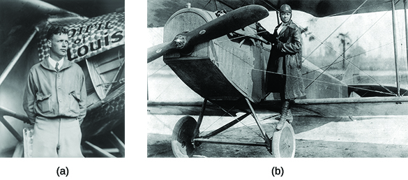 La photographie (a) montre Charles Lindbergh debout devant un avion étiqueté « Spirit of St. Louis ». La photographie (b) montre Bessie Coleman posant sur le volant d'un avion.