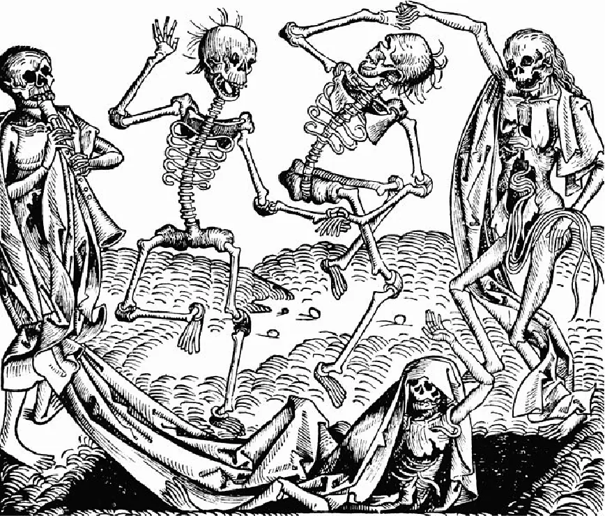 A black drawing is shown on a stark white background. Two skeletons are shown with wispy hair holding hands dancing in the middle on cobbled ground. To their left a skeletal figure stands in a long robe playing an oboe type instrument. At the right, another skeletal faced figure with scraggly long hair stands holding hands with the dancing skeleton on the right. This figure is showing their inside organs and in their left hand they are holding some of their intestines. Along the bottom of the image a skeleton with one arm raised lies on the dark ground covered with a long sheet, part of which hangs off of the skeletal figure at the left playing the instrument.
