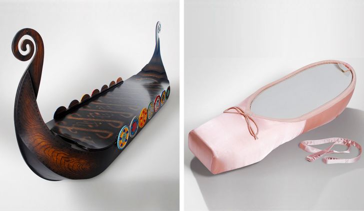 coffins that look like a viking boat and a ballet shoe
