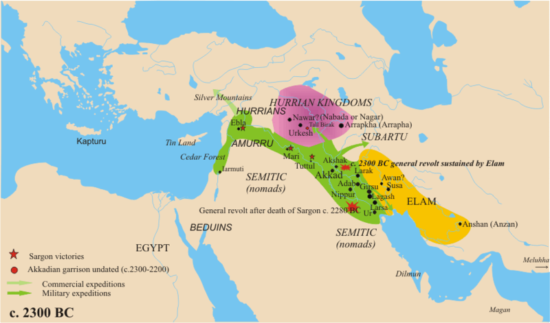 Map of Sargon the Great's empire, noting sites of major battles.