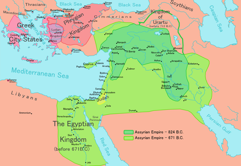 Map depicting the expansion of the Assyrian empire across Mesopotamia and Egypt.