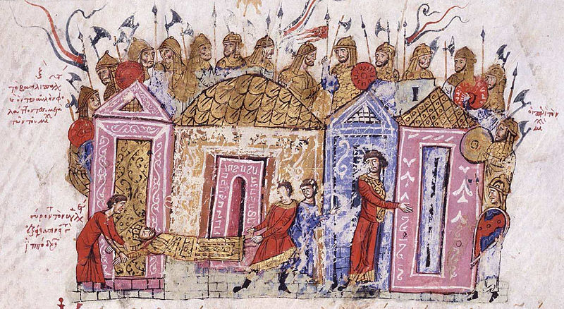 Illustration of armored Varangians behind walls, with Byzantine citizens below.