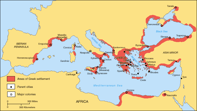 Map of Greek colonization around the shores of the Mediterranean and Black Sea.