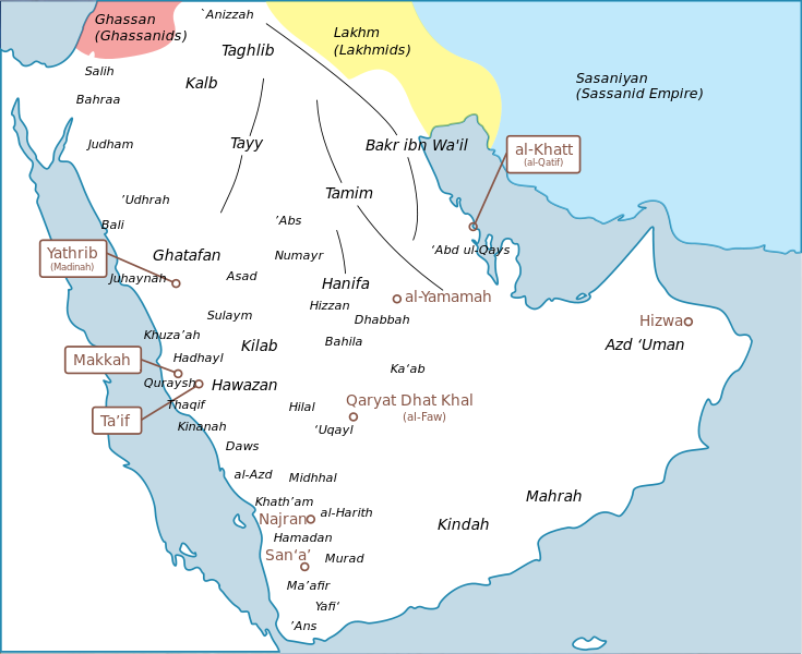 Map of the Arabian peninsula with labels for tribal divisions and the major cities.