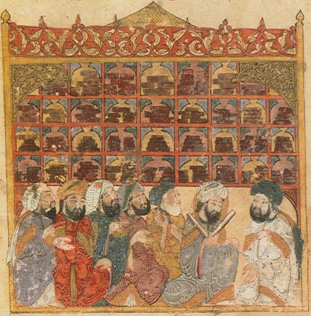 Scholars clustered together in the house of wisdom.