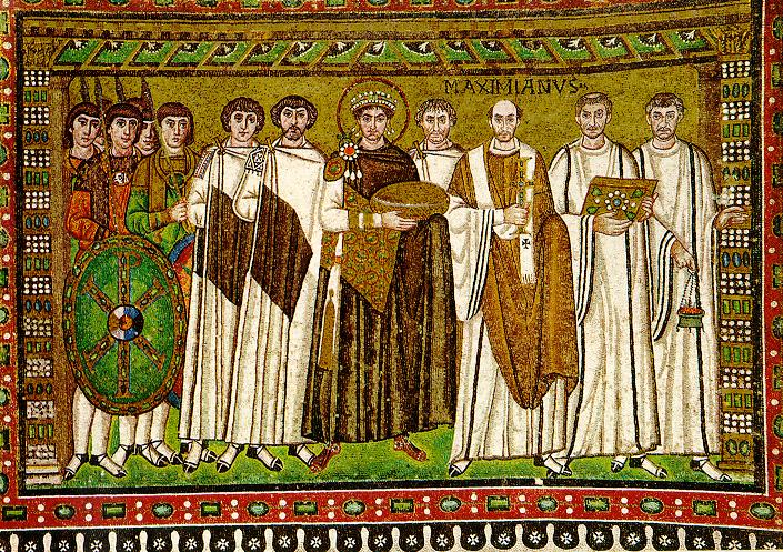 Colorful mosaic of the emperor Justinian surrounded by senators and soldiers.