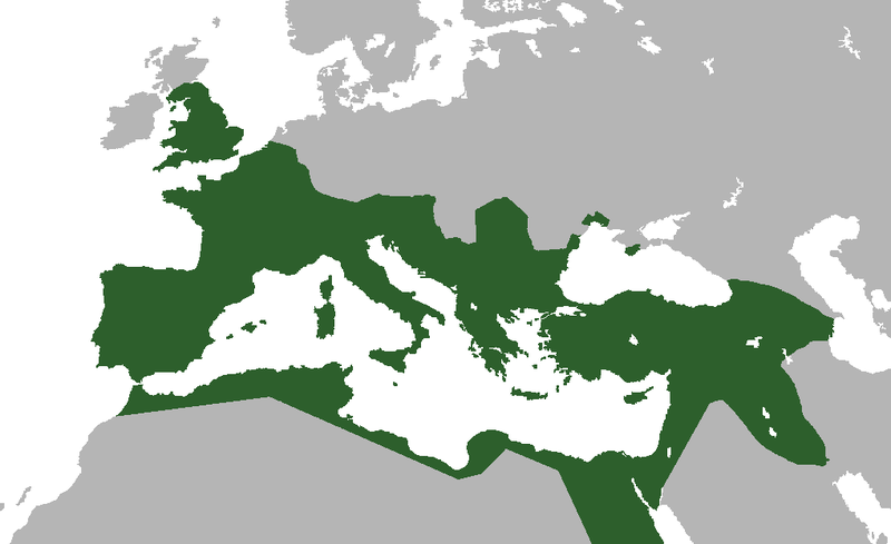 Map of Europe depicting the furthest extent of the Roman Empire, from Scotland through North Africa, and southern Germany through Mesopotamia.