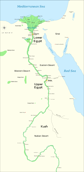 Map of Egypt depicting lower and upper Egypt along the Nile.