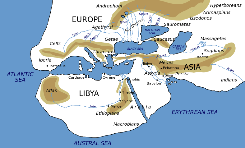 Map of the world as imagined by Herodotus, with Europe, Asia, and Africa all approximately the same size and with Greece in the middle.
