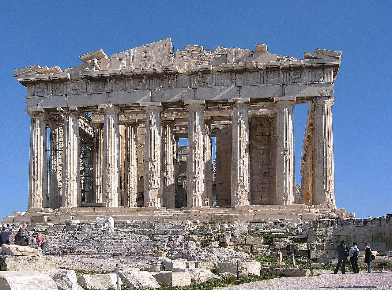 Ruins of the Parthenon with its columns holding up the remains of the roof.