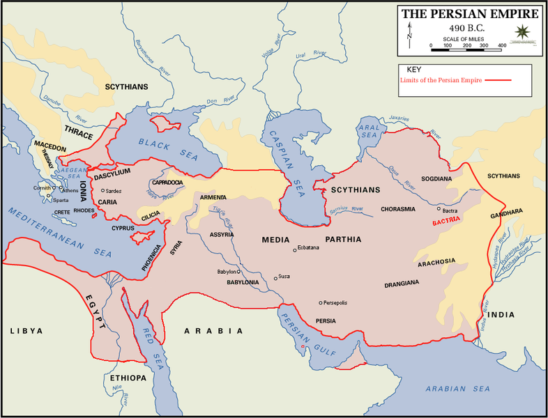 Map of the Persian Empire, stretching from North Africa to eastern Iran, and Anatolia to the shores of the Black Sea.