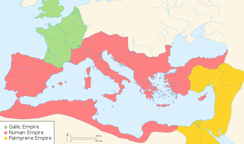 Map of Europe depicting the three rival Roman empires during the crisis period.