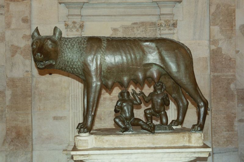 Statue of a wolf suckling the two babies Romulus and Remus.