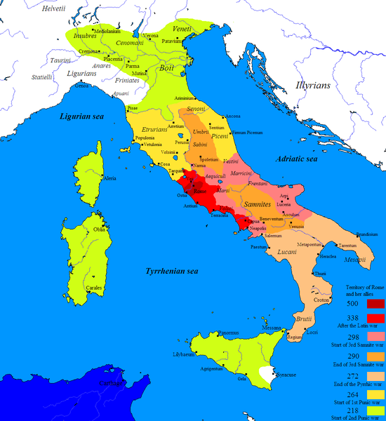 Map of Roman expansion from the center of Italy north and south to encompass all of Italy and the islands of Sardinia, Corsica, and Sicily.