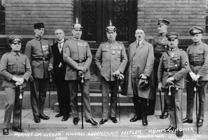 Photograph of the major Nazi leaders after the Beer Hall Putsch, standing proudly in front of the courthouse and with their names labeled on the photo.