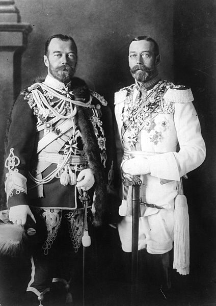 Tsar Nicholas and King George, both with identical beards and similar (albeit differently-colored) uniforms.