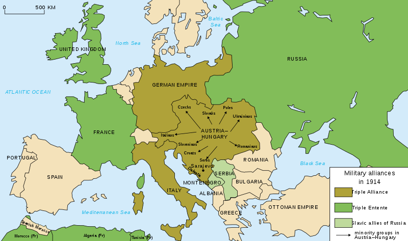 Map of Europe at the outbreak of World War I in 1914, with Germany, Austria, and Italy allied against Britain, France, and Russia.