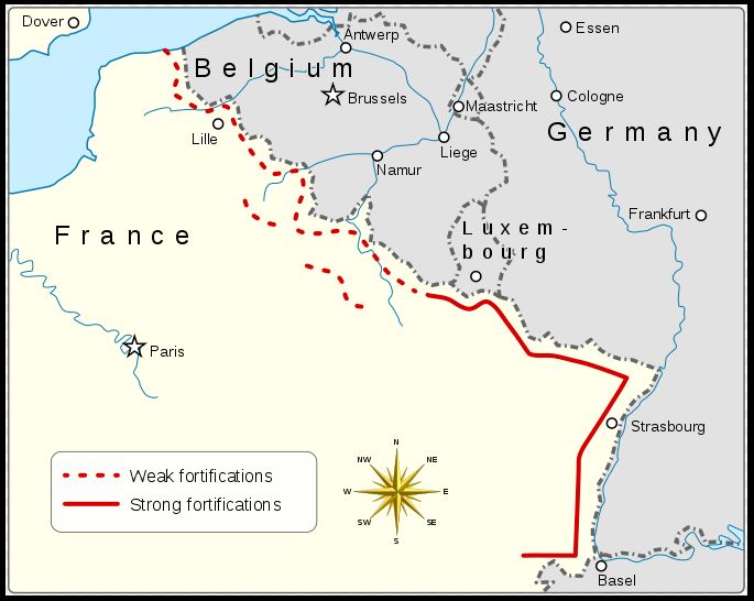 Map of the Maginot Line, with "weak fortifications" along the Belgian border proving totally inadequate when the German invasion began.