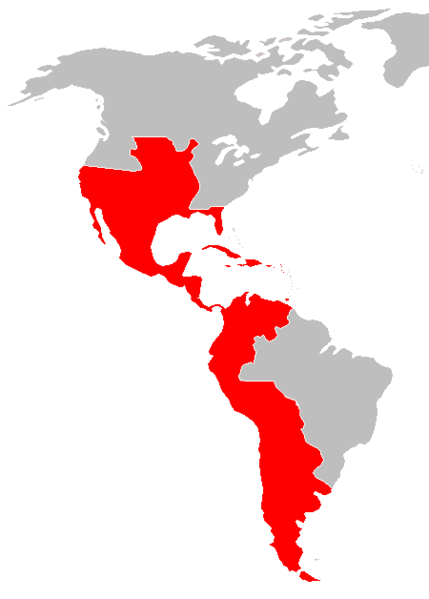 Map of the Americas depicting the Spanish empire, encompassing most of South America and Central America and a large swath of the southern and western parts of North America.