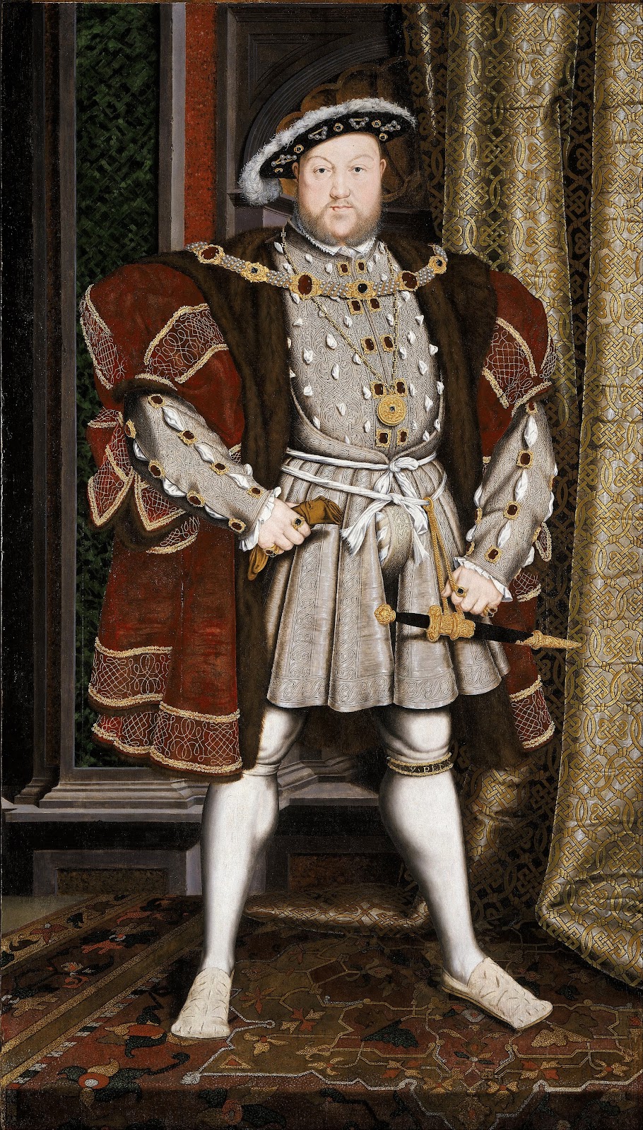Portrait of Henry VIII in his robes of office looking very pleased with himself.
