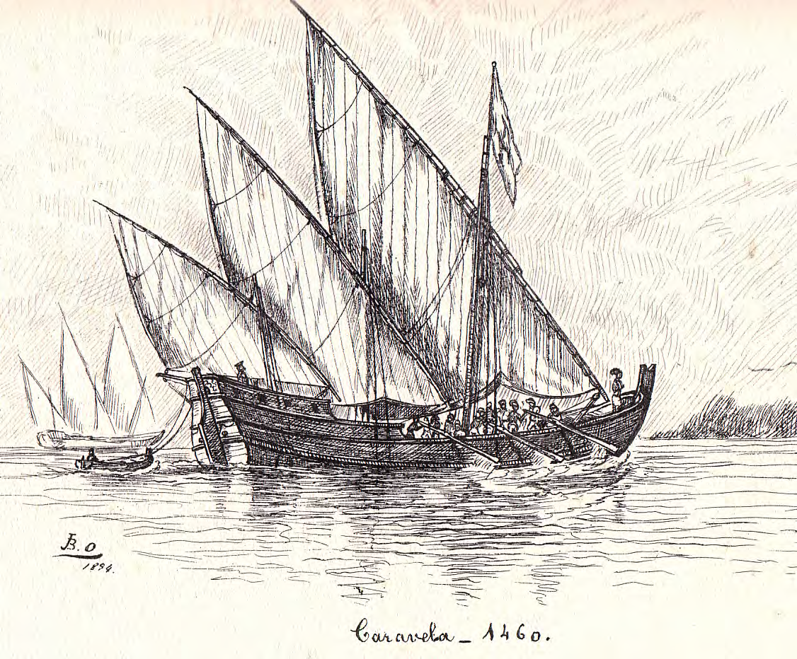 Illustration of a caravel depicting its square and triangular sails.