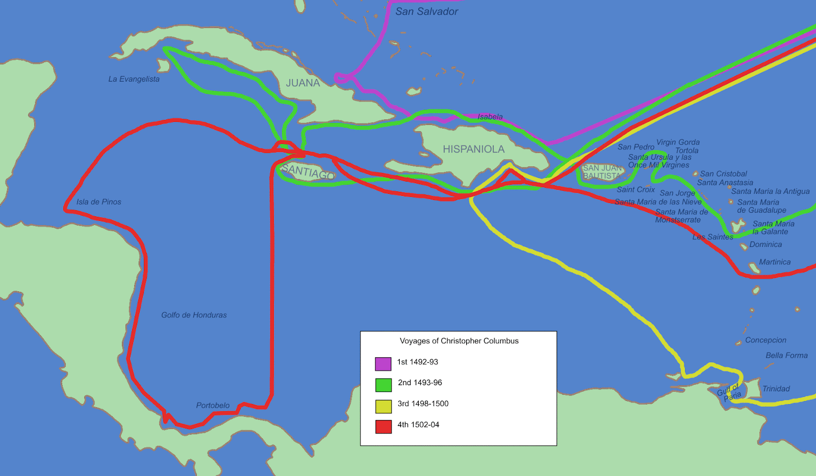 Map of the Bahamas illustrating the four voyages undertaken by Columbus, extending throughout the region.
