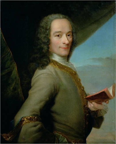 Portrait of Voltaire holding a book.