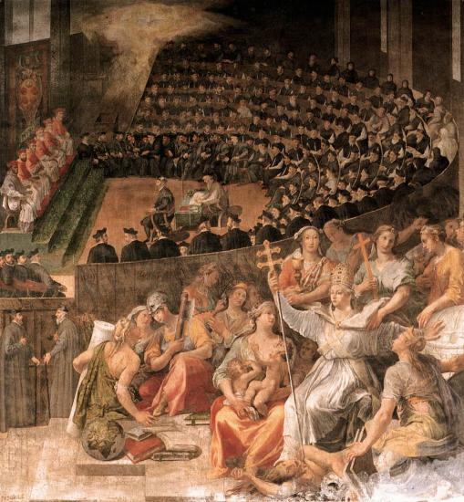 A highly dramatized painting of the Council of Trent with dozens of church officials.