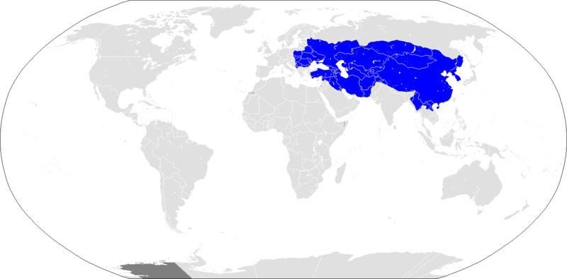 World map displaying the extent of the Mongol empire at its height.