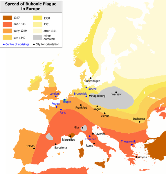 Map charting the spread of the Plague from southern to northern Europe in just three years.