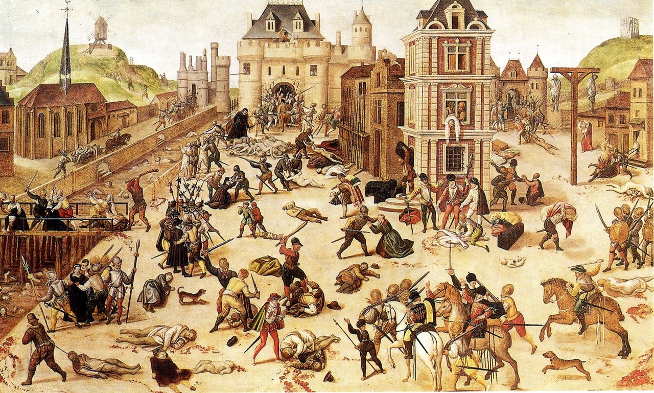 Painting of the massacre, with bodies hacked to pieces and strewn around the streets of Paris.