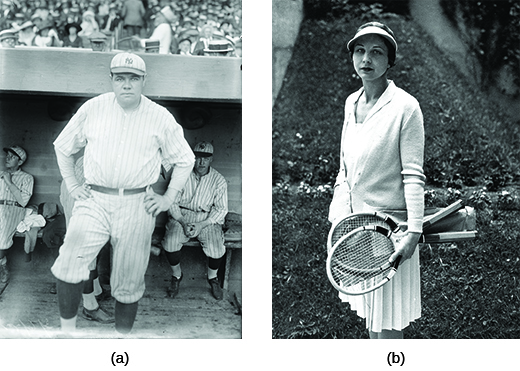照片 (a) 显示 Babe Ruth 在洋基体育场。 照片 (b) 显示海伦·威尔斯与两个网球拍合影。