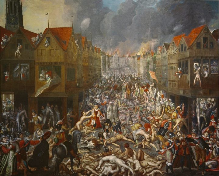 The destruction of Antwerp during the Spanish Fury, with bodies piled in the streets.