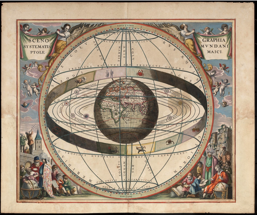 Illustration of the geocentric model of the universe, with the earth at the center.