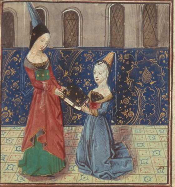 Painting of Christine de Pizan presenting her book.