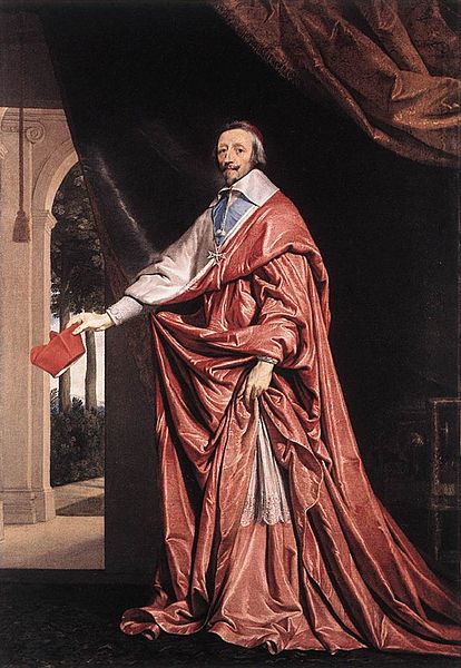 Cardinal Richelieu in his red cardinal's robes.