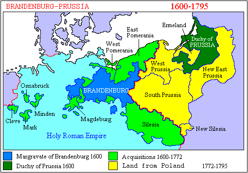 Map of the expansion of Prussia to encompass two large territories in northern Germany, with the territories not being geographically contiguous (i.e. they did not adjoin one another originally).