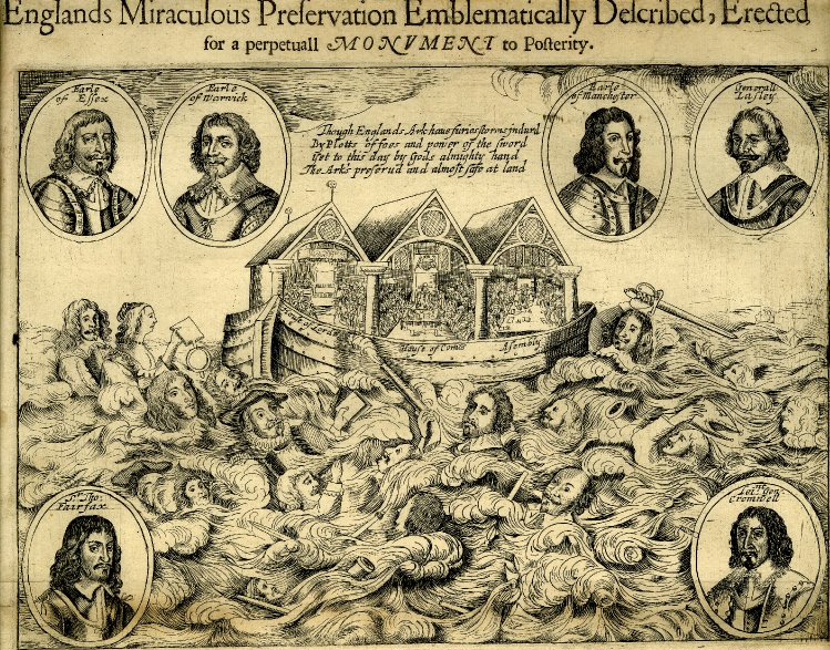 Illustration of Noah's Ark with prominent parliamentary figures in portraits and royalist forces drowning in the flood.