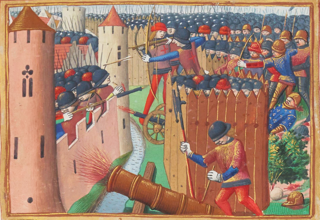 Painting of a battle in the 100 Years' War depicting the use of cannons in a siege.