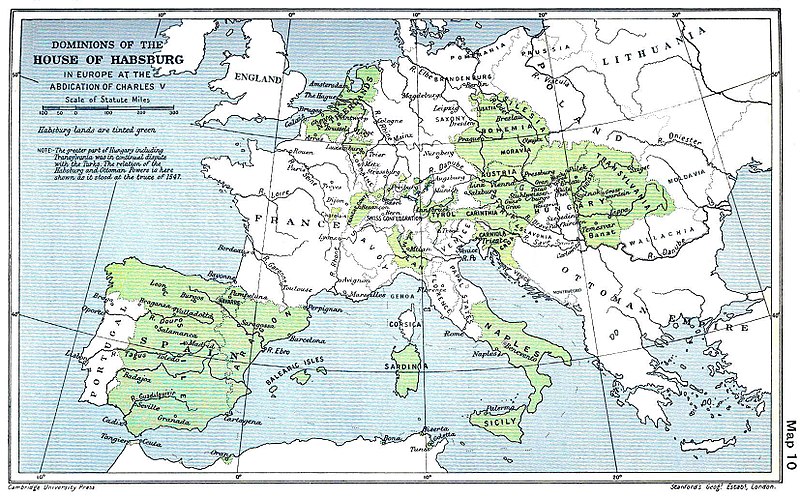 Map of Europe illustrating the extent of Charles V's empire, from Spain across to Austria and extending throughout parts of central and northern Europe.